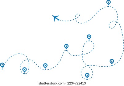 Ruta del avión en forma de línea de puntos. signo del puntero del marcador de mapa. Icono de viaje de la ruta de la línea del avión. línea de puntos de viaje de aviones