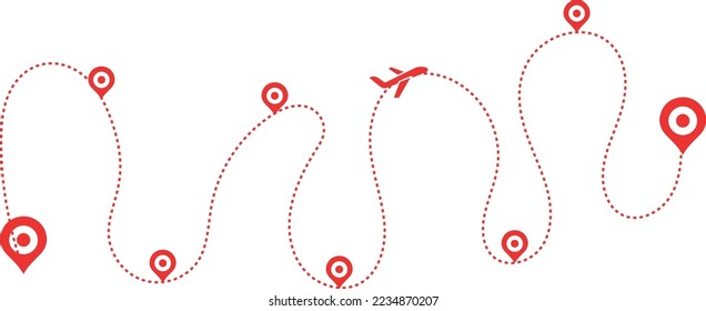 Airplane path in a dotted line shape. pin map marker pointer sign. Airplane line path travel icon. Aircraft tracking, planes travel dot line