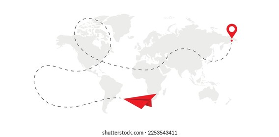 Flugzeugpfad in gepunkteter Linienform auf der Weltkarte. Route des Flugzeugs mit Weltkarte einzeln auf weißem Hintergrund. Vektorgrafik 10 eps.