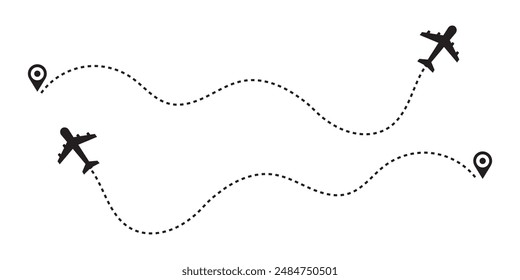 Airplane path in a dotted line shape, Aircraft tracking. Airplane line routes set. air plane flight route with start point and dash line trace. travel, map pins, location pins. Black vector.