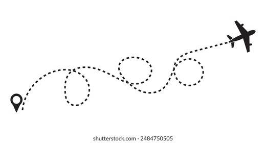 Airplane path in a dotted line shape, Aircraft tracking. Airplane line routes set. air plane flight route with start point and dash line trace. travel, map pins, location pins. Black vector.