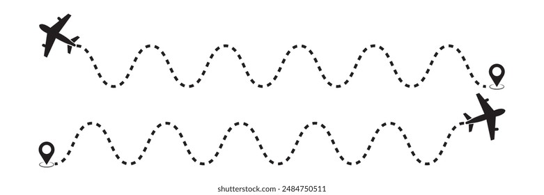 Trayectoria de avión en forma de línea de puntos, seguimiento de aeronaves. Conjunto de rutas de línea de avión. ruta de vuelo de avión con punto inicial y trazo de línea de guión. recorrido, pines de mapa, pines de ubicación. Vector negro.