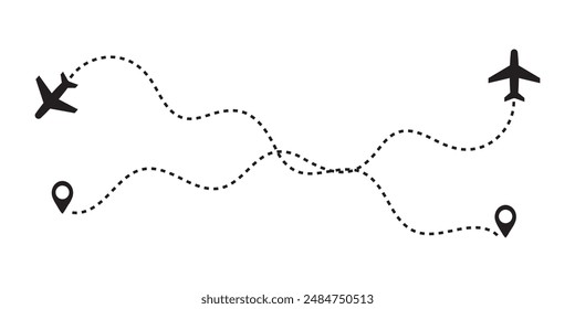 Trayectoria de avión en forma de línea de puntos, seguimiento de aeronaves. Conjunto de rutas de línea de avión. ruta de vuelo de avión con punto inicial y trazo de línea de guión. recorrido, pines de mapa, pines de ubicación. Vector negro.