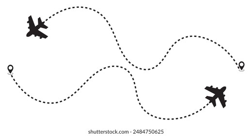 Airplane path in a dotted line shape, Aircraft tracking. Airplane line routes set. air plane flight route with start point and dash line trace. travel, map pins, location pins. Black vector.