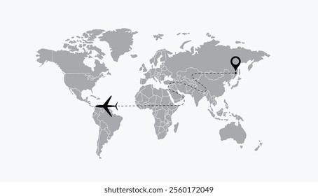 Airplane path in dotted line shape on the world map, World map of airline airplane flight path travel plans.