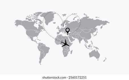 Airplane path in dotted line shape on the world map, World map of airline airplane flight path travel plans. 1