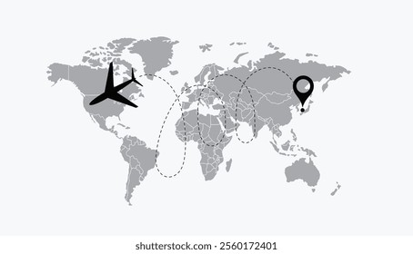 Airplane path in dotted line shape on the world map, World map of airline airplane flight path travel plans. 2