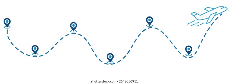 Airplane path in dotted line. Trace of airplane and dashed line. Airplane flying along dotted path. Airplane tracking.
