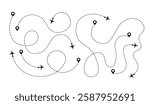 Airplane path. Flat dotted route lines. Location icons, destination on the map. Vector illustration.	