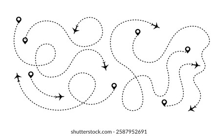 Airplane path. Flat dotted route lines. Location icons, destination on the map. Vector illustration.	