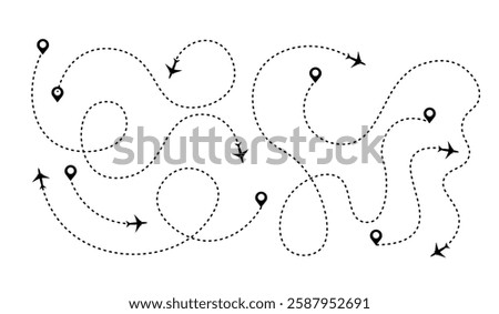 Airplane path. Flat dotted route lines. Location icons, destination on the map. Vector illustration.	