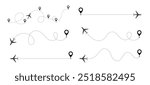 Airplane path. Flight path vector. Airplane routes set. Plane route line. Planes dotted flight pathway. Plane paths. Aircraft tracking, planes, travel, map pins, location pins. Romantic travel,