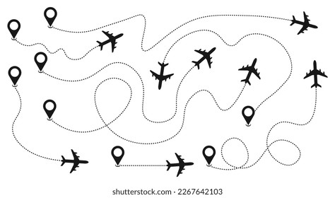 Airplane path icon Vector set of plane route icons with tracks and flight paths 