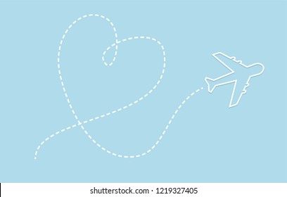 Airplane and path line in heart shape vector. Love to travel concept.