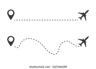 airplane path with location icon on white background, vector illustration
