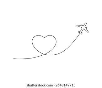 Caminho do avião em um desenho de linha contínua, Airplane Single one line art, estilo linear, isolado em um fundo branco