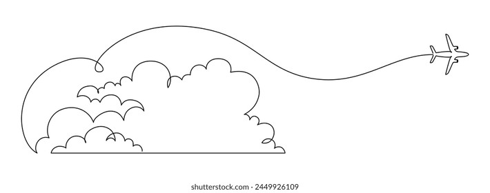 Airplane path in the sky in One Continuous line drawing. Business Concept of world travel and international flight airline in simple linear style. Editable stroke. Vector illustration