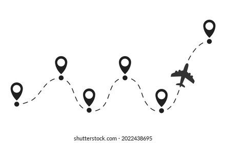Airplane path vector icon, Dotted route with starting point and landing points, isolated on white background