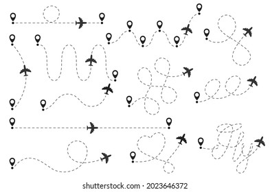 Airplane path vector icon, Dotted route. Start and end of the route. Big set of different species isolated on white background