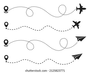 Airplane path vector illustration. Paper plane paths. Travel vector icon. Line plane trace silhouette isolated on white background. 