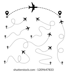 Airplane paths. Plane dashed tracing line from point. Vector set