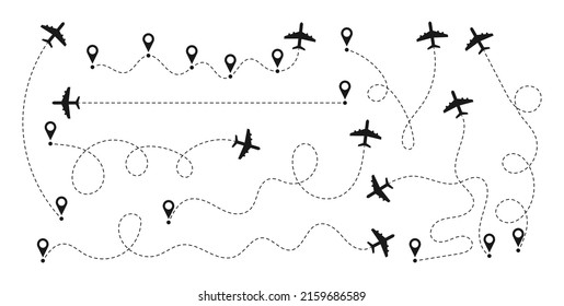 Airplane paths set. Airplane routes with start points. Aircraft trace with location or map pins. Vector illustration.