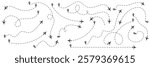 Airplane pathway vector set featuring various travel route designs with planes, dotted lines, and navigation markers.