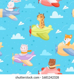 Airplane pattern. Animal kid characters in airplanes flying helicopter baby textile design vector seamless background