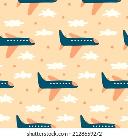 Airplane pattern for baby boys. Cartoon jet on peach clouds background. Cute funny air transport for prints of children's fabric, textile. Childish hand-drawn planes for nice nursery products design.