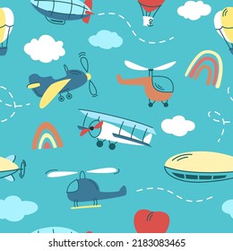 airplane pattern. balloons helicopters clouds and rainbow pictures. Vector cartoon seamless background for kids room decoration