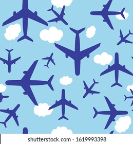 Airplane pattern. Plane seamless texture. Planes in the sky. Endless illustration, image. Creative, luxury gradient style. Print card, cloth, clothing, wrap, wrapper, web, cover, label, banner, poster