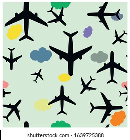 Airplane pattern. Plane seamless texture. Planes in the sky. Endless illustration, image. Creative, luxury gradient style. Print card, cloth, clothing, wrap, wrapper, web, cover, label, banner, poster
