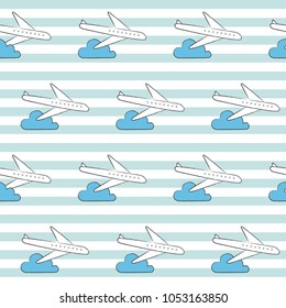 Airplane pattern with stripe background. Playful, cute, and flexible doodle pattern for brand who has fun style. The art vector graphic can be repeated. Doodle art suits for kids and traveling theme.