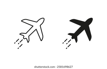 Airplane Pictogram. Plane Line and Silhouette Icon Set. Fly Aircraft Symbol. Editable Stroke. Isolated Vector Illustration.