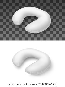 Airplane pillow, white realistic travel cushion for neck vector 3d mockup. Comfortable accessory for sleep and relaxation in plane, inflatable or cotton curve pillow isolated on transparent background