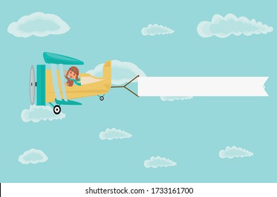 Airplane pilot and advertising banner in cloudy sky. A pilot in a plane carrying a blank banner. Advertising banner with yellow retro airplane plane ribbon cloudy sky. Vector isolated illustration.Vec