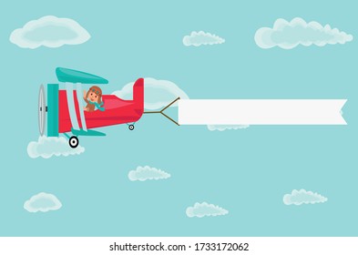 Airplane pilot and advertising banner in cloudy sky. A pilot in a plane carrying a blank banner. Advertising banner with red retro airplane plane ribbon cloudy sky. Vector isolated illustration.