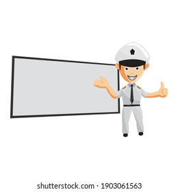 Airplane Pilot Cartoon Character with Blank Board Aircraft Captain in Uniform