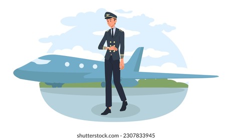 Airplane pilot concept. Man in uniform stands in front of airplane. Pilot preparing for flight, crew. Travel and tourism. Airport industry, transportation. Cartoon flat vector illustration