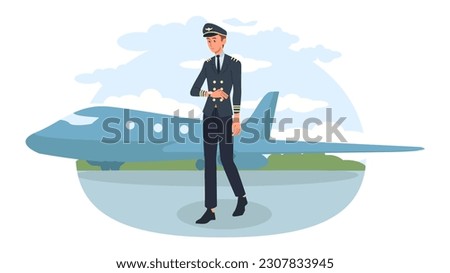 Airplane pilot concept. Man in uniform stands in front of airplane. Pilot preparing for flight, crew. Travel and tourism. Airport industry, transportation. Cartoon flat vector illustration