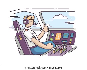 Airplane pilot in control room. Management of aircraft in cockpit. Vector illustration