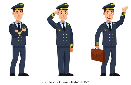 Airplane pilot in different poses. Male character in cartoon style.