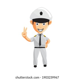 Airplane Pilot Hand Peace Cartoon Character Aircraft Captain in Uniform