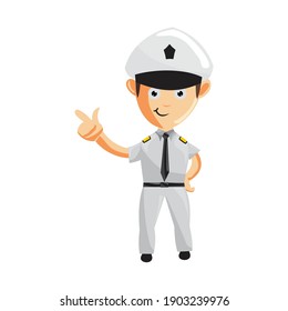 Piloto de avión mano apuntando caricatura de juego de caracteres Capitán de avión en uniforme