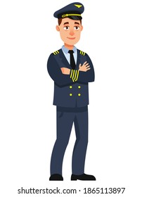 Airplane pilot with his arms crossed. Male character in cartoon style.