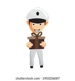 Airplane Pilot Holding Gift Cartoon Character Aircraft Captain in Uniform