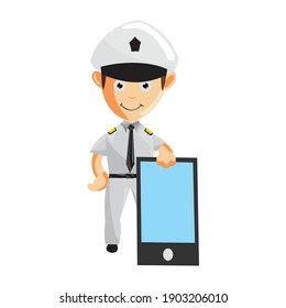 Airplane Pilot Holding Hand Phone Cartoon Character Aircraft Captain in Uniform
