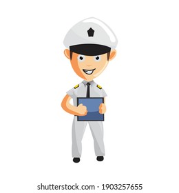 Airplane Pilot Holding tablet phone Cartoon Character Aircraft Captain in Uniform