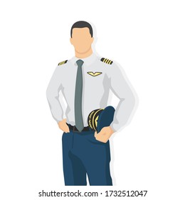 Airplane pilot in modern style vector illustration, man simple flat shadow isolated on white background, captain.