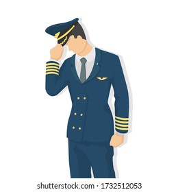 Airplane pilot in modern style vector illustration, man simple flat shadow isolated on white background, captain.